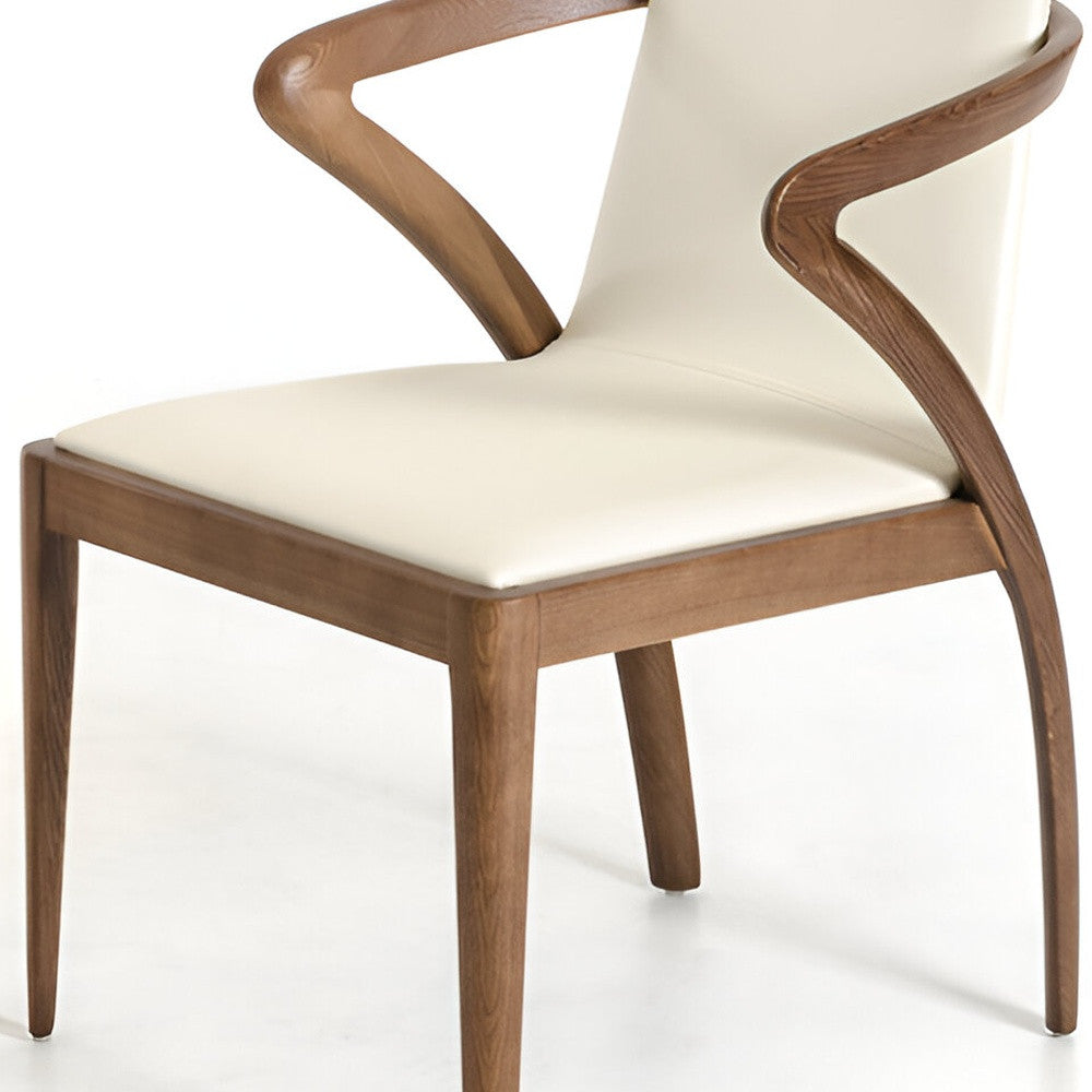 Cream and Brown Upholstered Faux Leather Dining Arm Chair-Dining Chairs-DECOROLALA