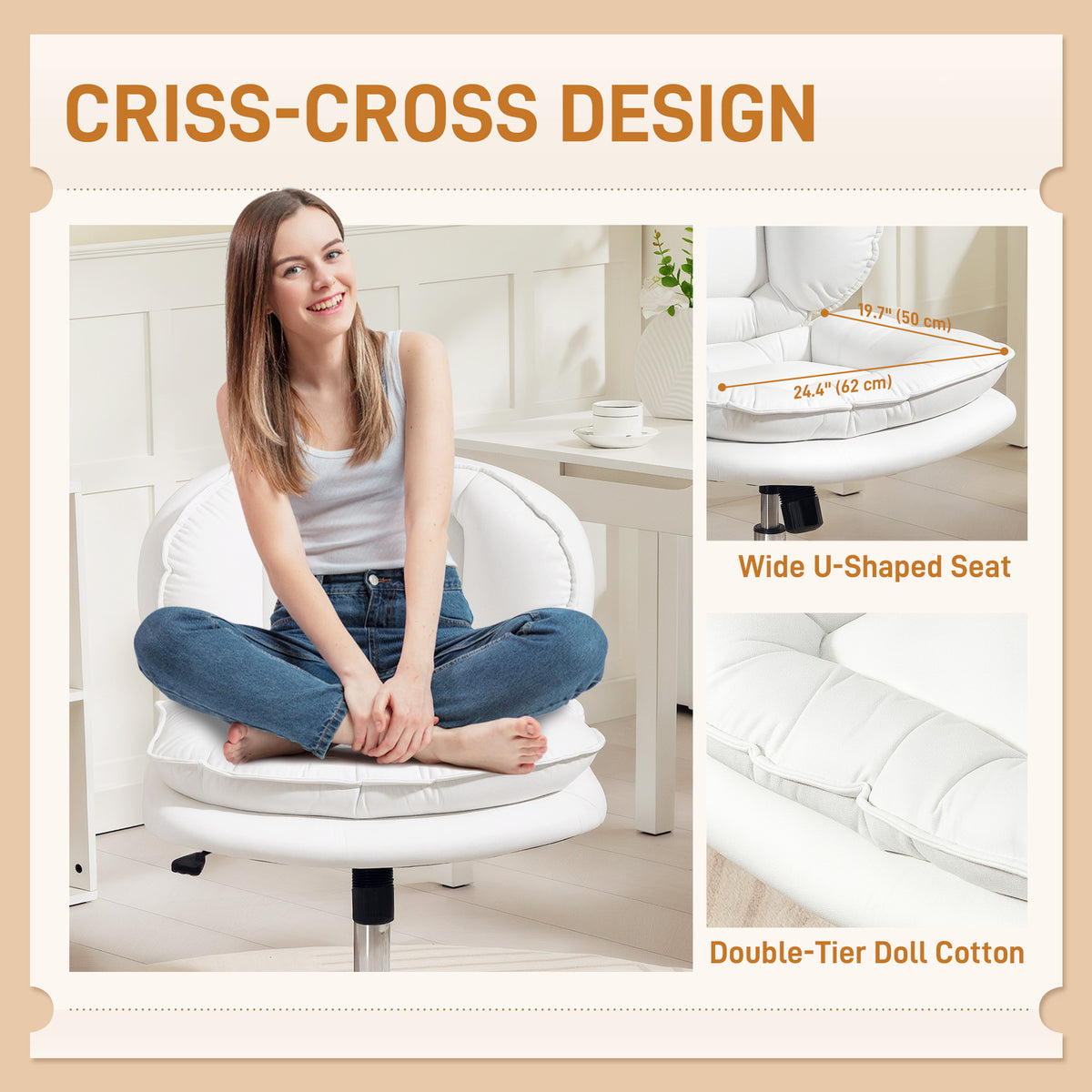 Criss Cross Armless Office Chair - White Leathaire-Office Products > Office Furniture > Office Chairs > Task Chairs-DECOROLALA