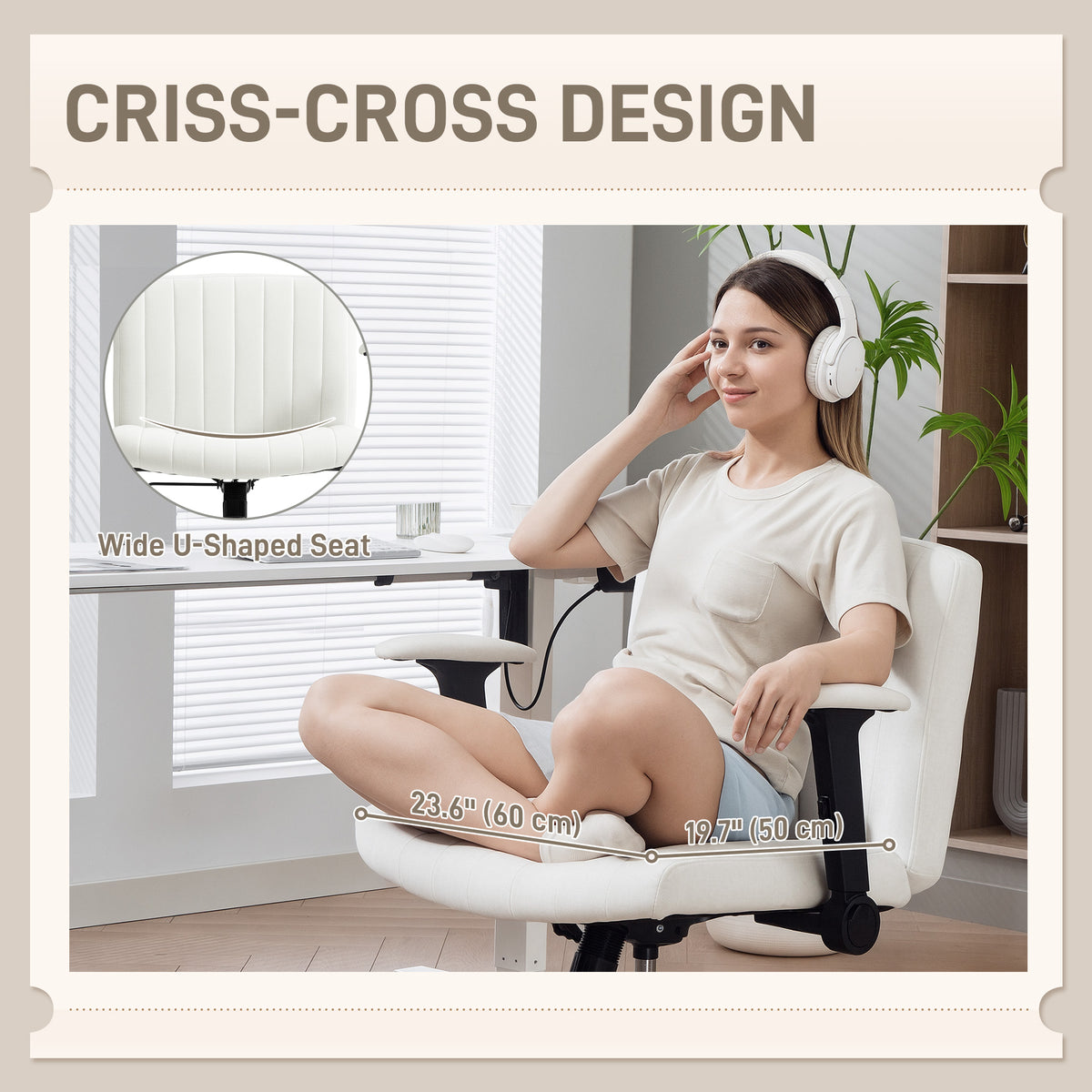 Criss Cross Chair - Beige Velvet Office Chair with Flip-up Arms-Office Products > Office Furniture > Office Chairs > Task Chairs-DECOROLALA
