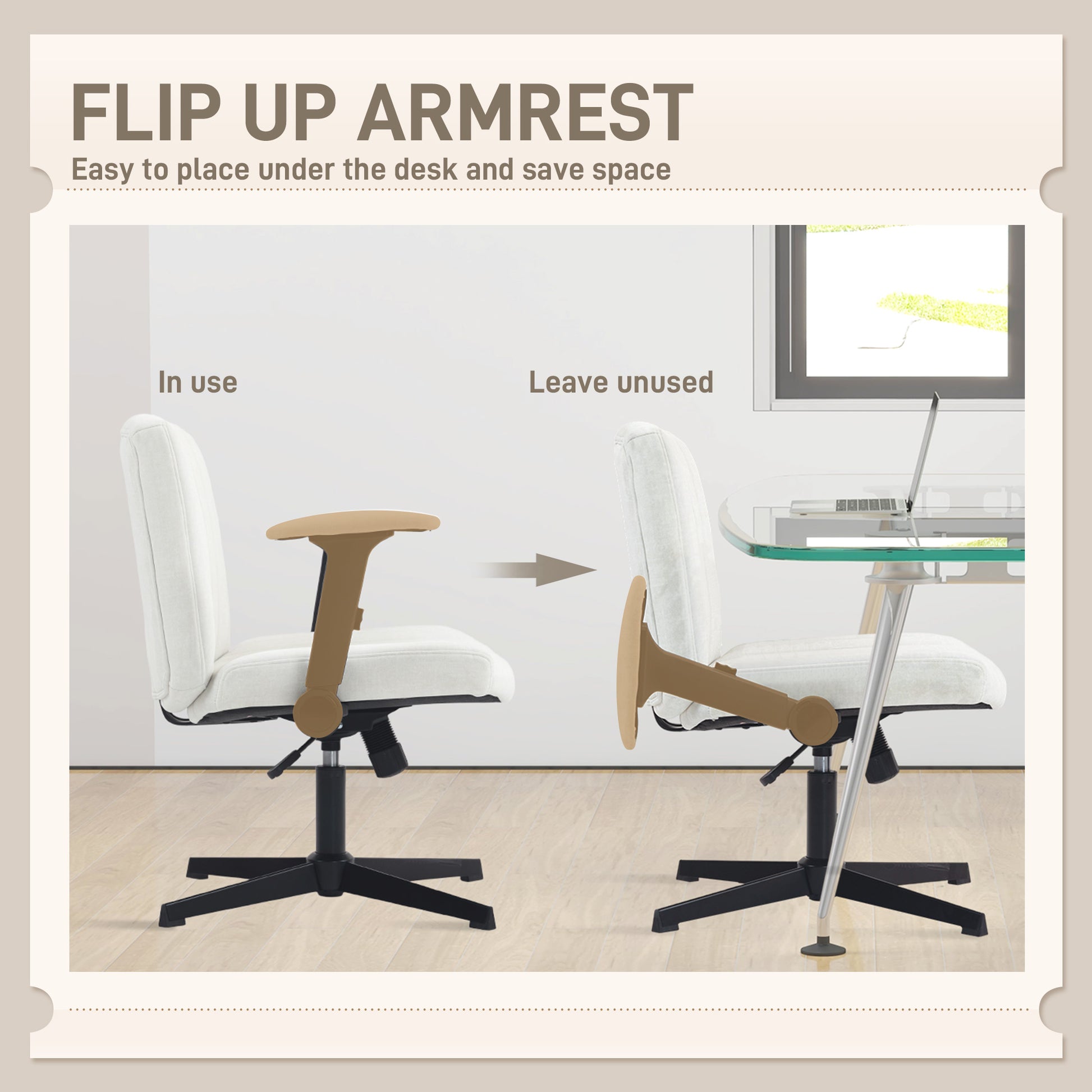 Criss Cross Chair - Beige Velvet Office Chair with Flip-up Arms-Office Products > Office Furniture > Office Chairs > Task Chairs-DECOROLALA