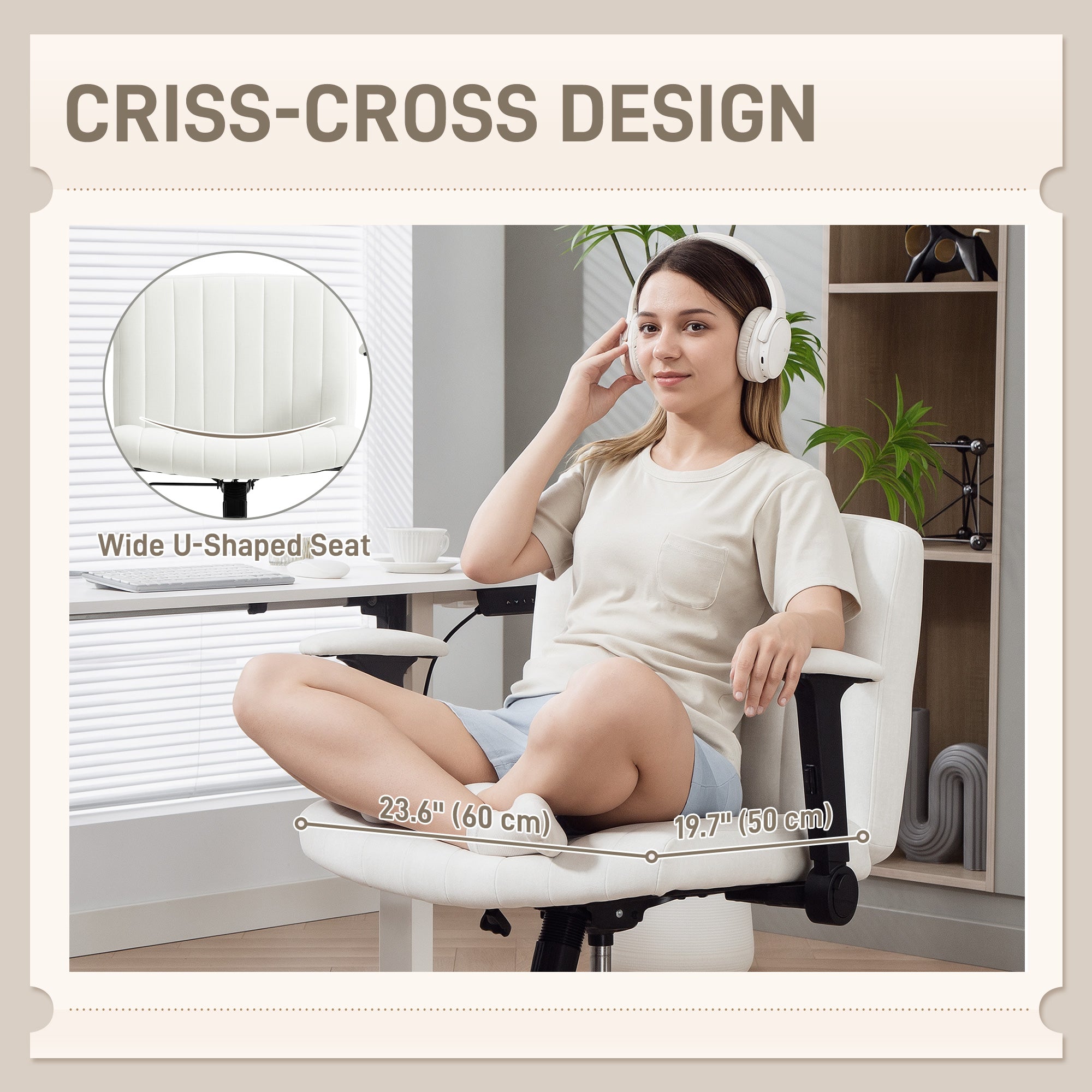 Criss Cross Office Chair - Cream White Velvet with Armrests-Office Products > Office Furniture > Office Chairs > Task Chairs-DECOROLALA