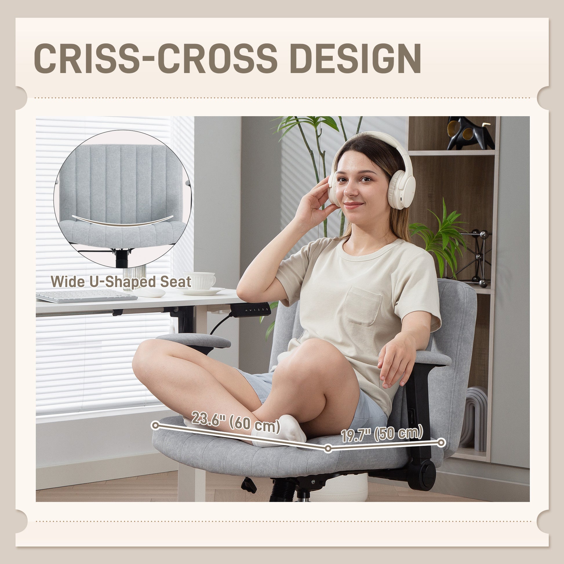 Criss Cross Office Chair - Grey Velvet Wide Seat with Armrests-Office Products > Office Furniture > Office Chairs > Task Chairs-DECOROLALA