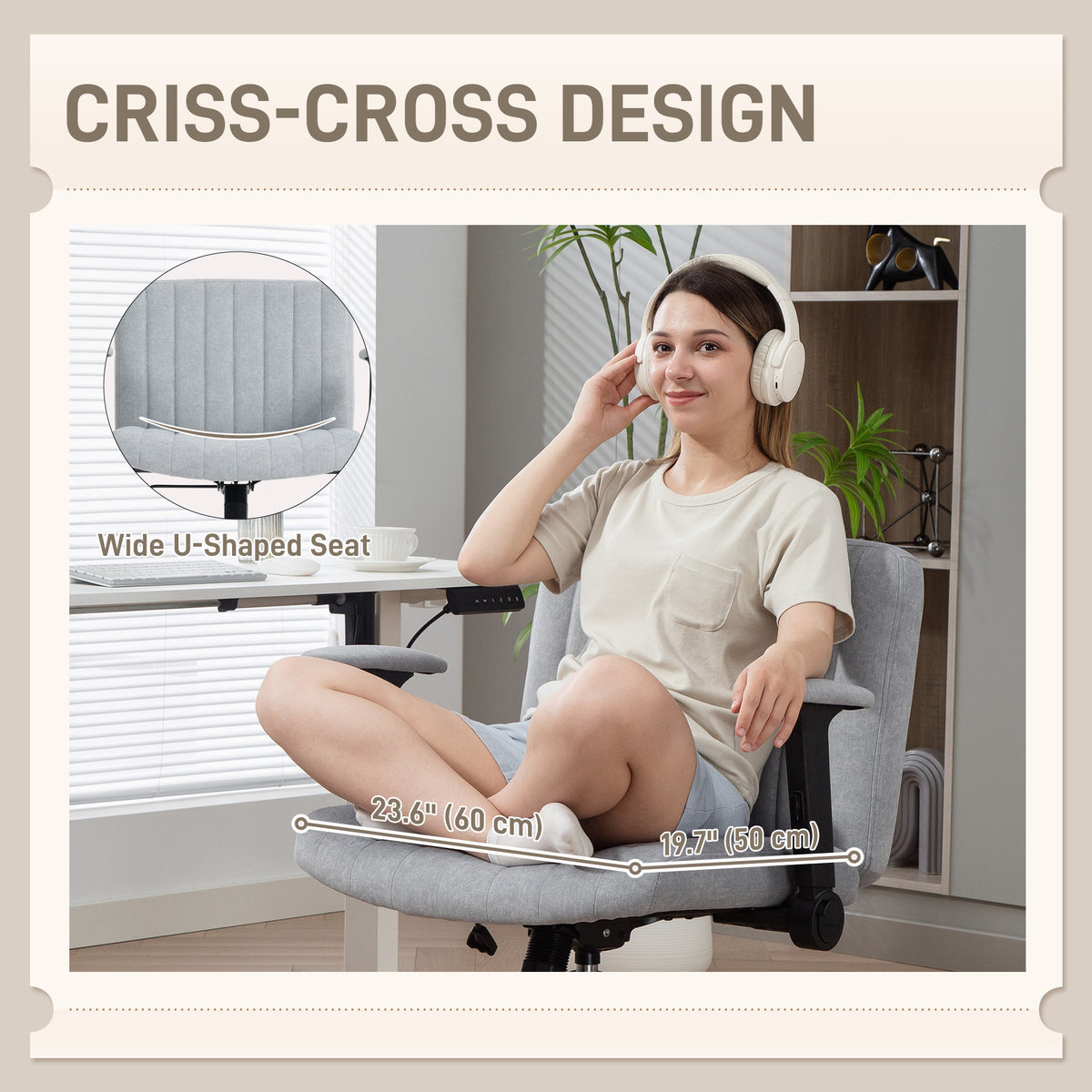 Criss Cross Office Chair - Grey Velvet Wide Seat with Armrests-Office Products > Office Furniture > Office Chairs > Task Chairs-DECOROLALA