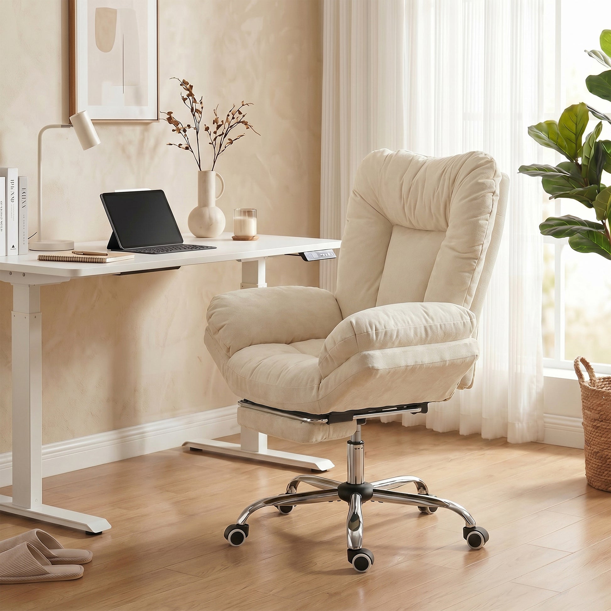 Criss Cross Office Chair with Footrest - Beige Reclining-Office Products > Office Furniture > Office Chairs > Task Chairs-DECOROLALA