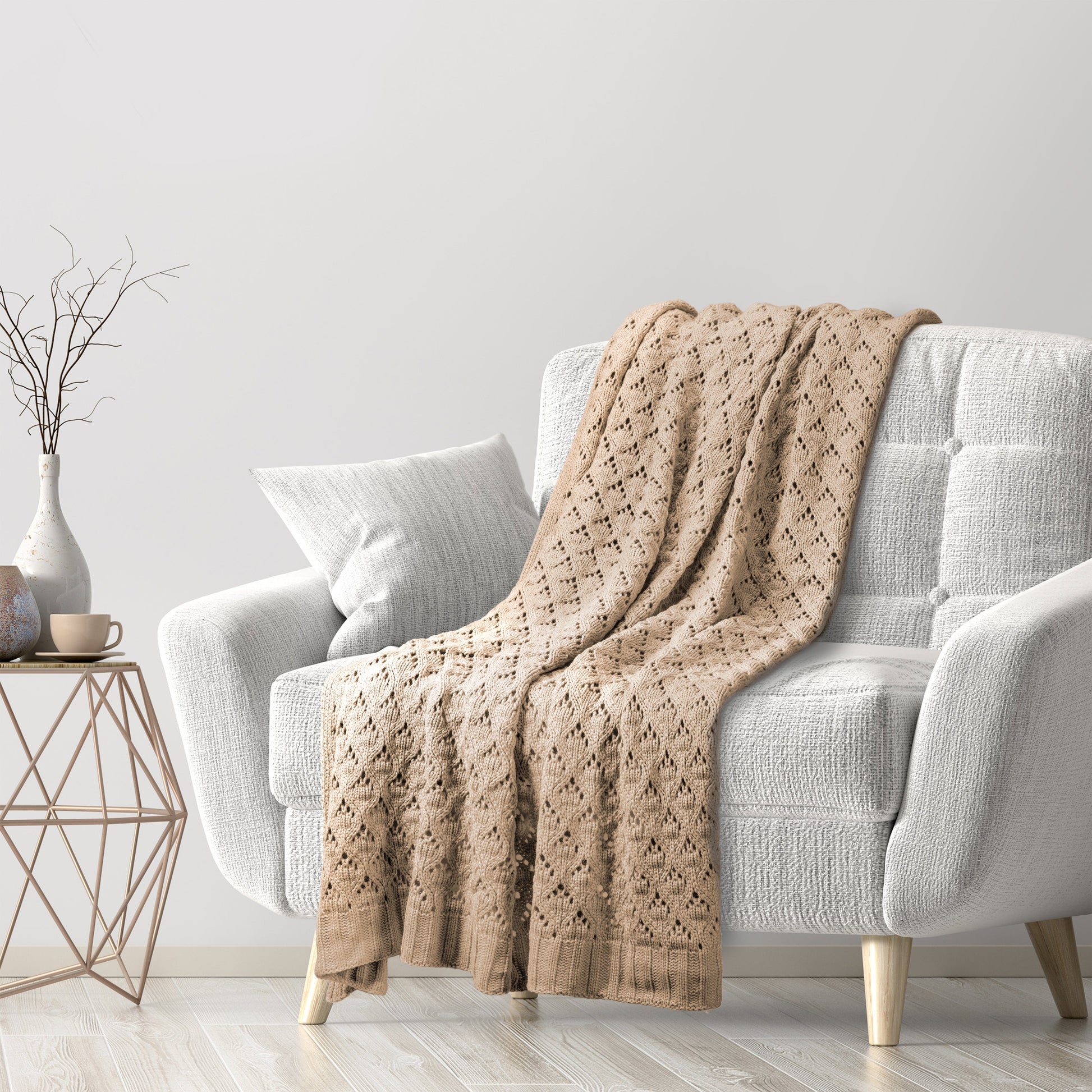 Crochet Style Taupe Knit Throw Blanket 50" x 60"-Throw Blankets-DECOROLALA