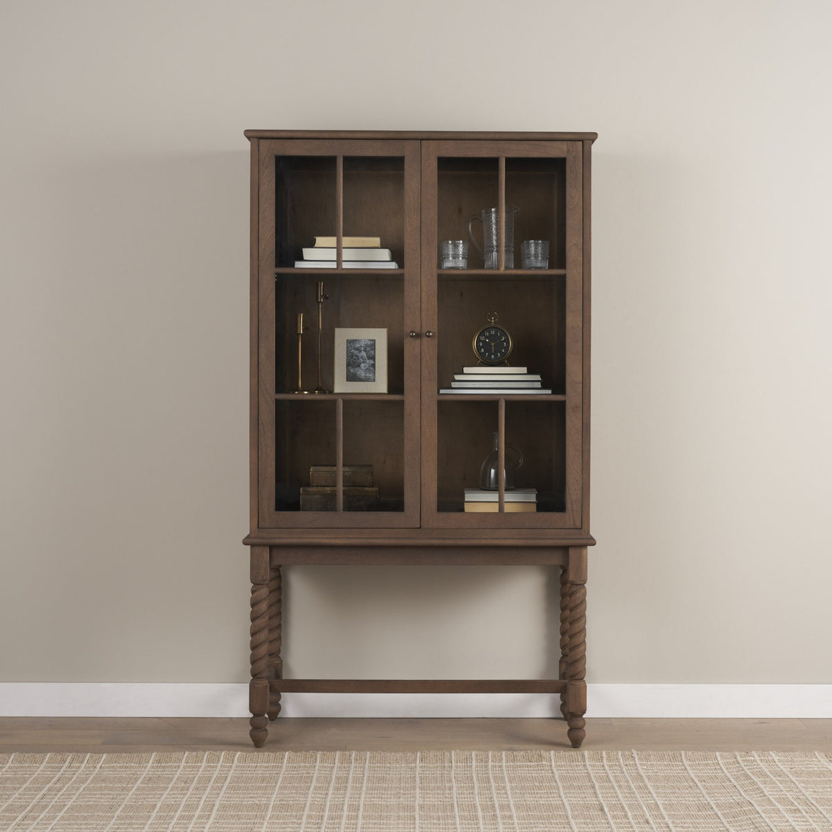 Cromwell Spiral Turned Display Cabinet | Mid-Brown Wood-Cabinets-DECOROLALA