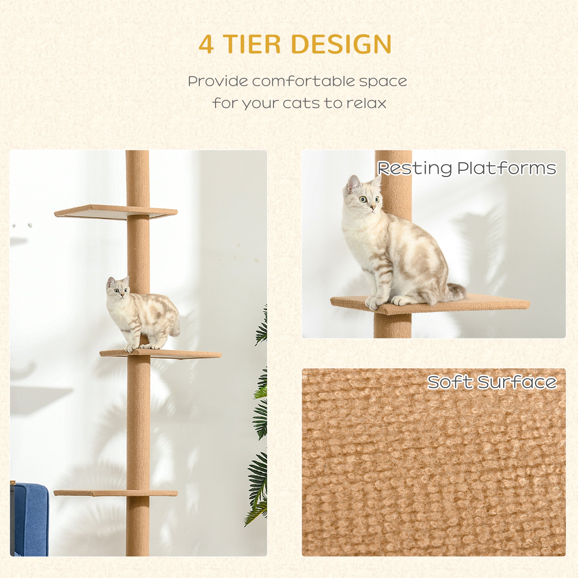 Arbre à chat de 100" du sol au plafond avec 3 perchoirs, centre d’activités pour chatons, tour et meuble pour chat, marron clair