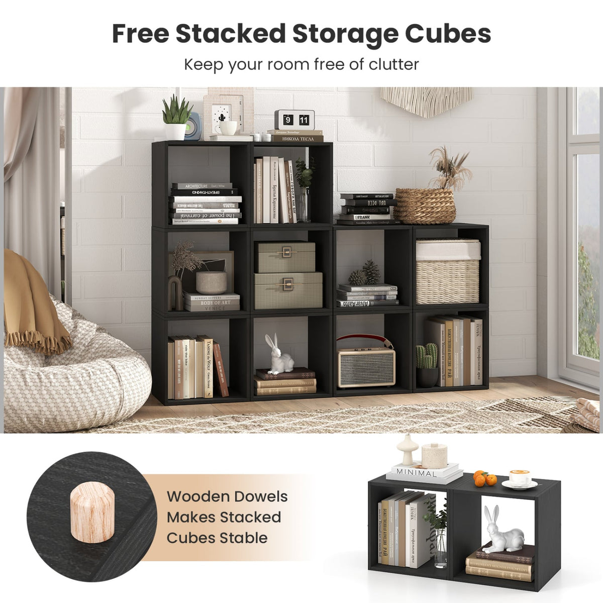 Cube Storage Organizer Set of 2 for Living Room Bedroom Study-Black-Bookcases-DECOROLALA