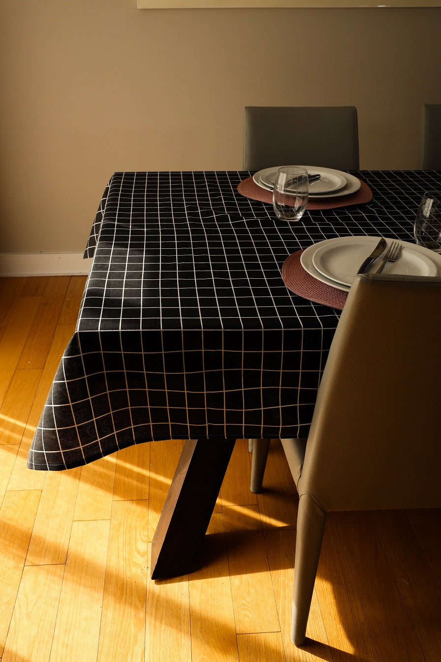 Cubic Black Printed Cotton and Linen Tablecloth-Table Linens-DECOROLALA