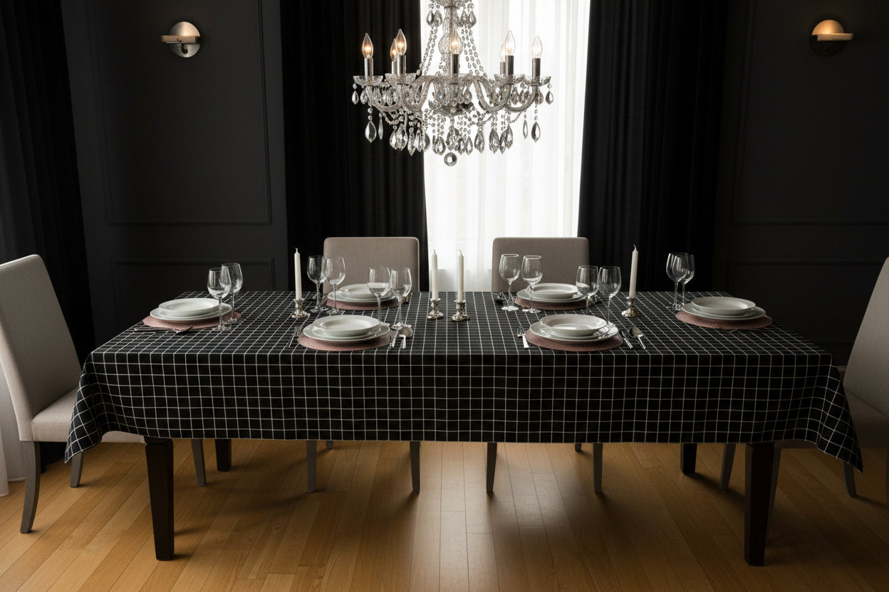 Cubic Black Printed Cotton and Linen Tablecloth-Table Linens-DECOROLALA