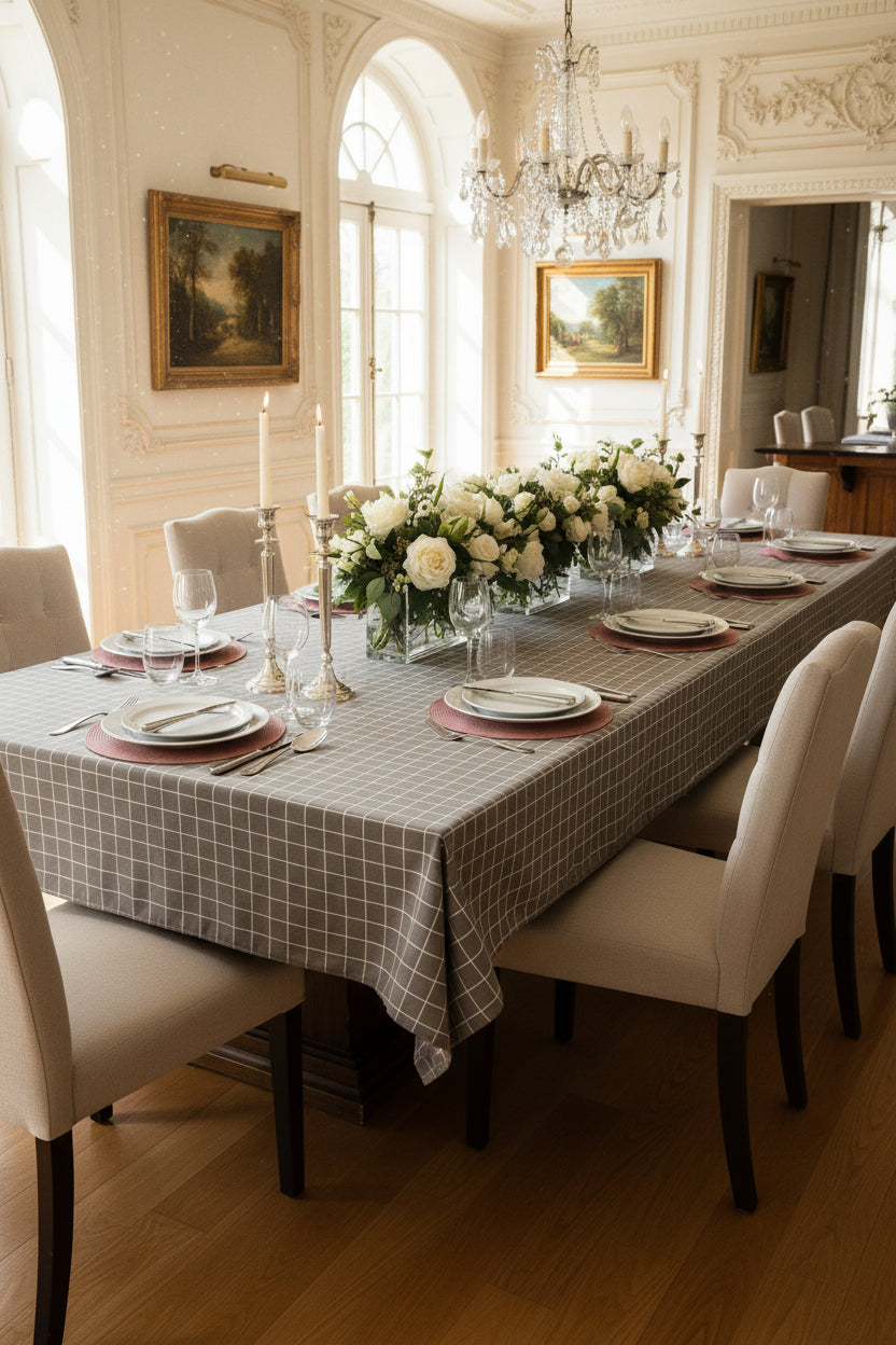 Cubic Taupe Printed Tablecloth Cotton and Linen-Table Linens-DECOROLALA