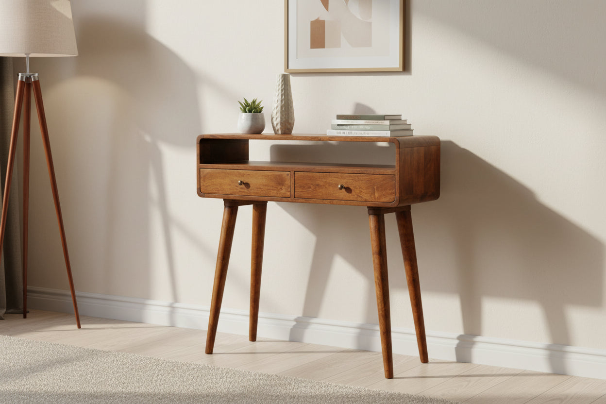Curved Chestnut Console Table - Solid Mango Wood with 2 Drawers-Coffee Table-DECOROLALA