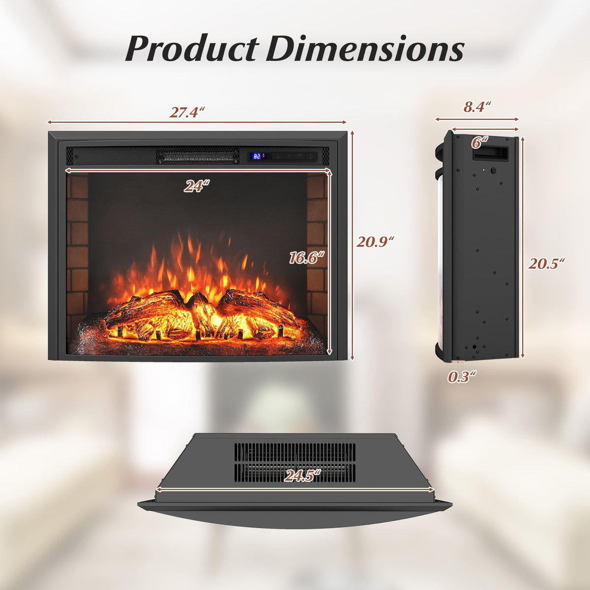 Curved Recessed Electric Fireplace Insert with Remote Control and Overheat Protection-26 Inch-Fireplaces-DECOROLALA