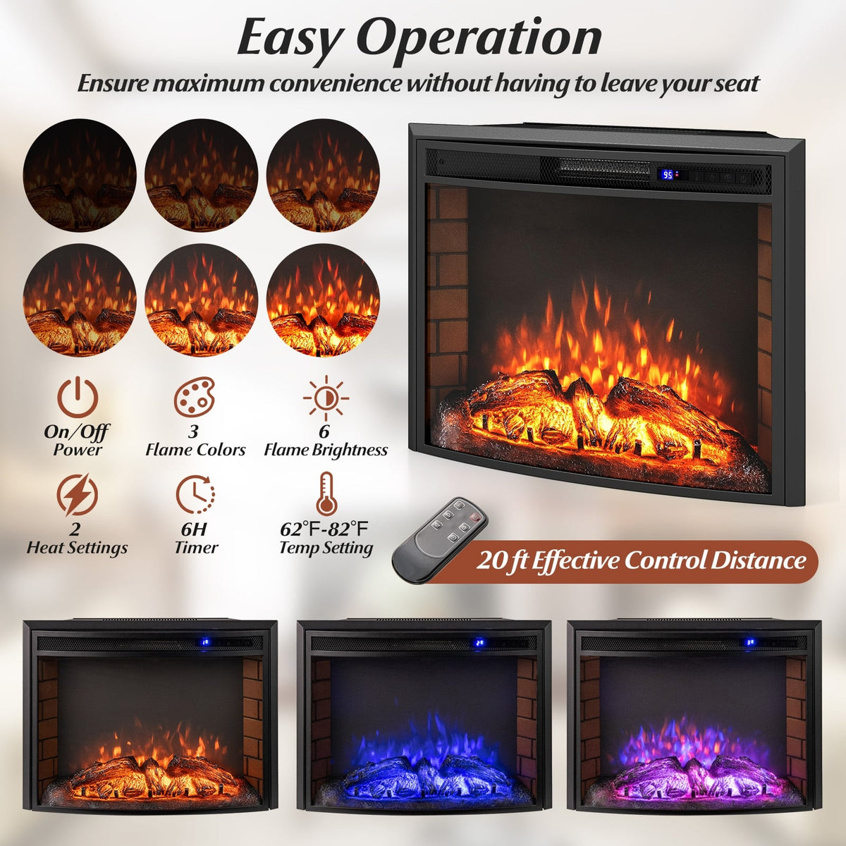 Curved Recessed Electric Fireplace Insert with Remote Control and Overheat Protection-26 Inch-Fireplaces-DECOROLALA