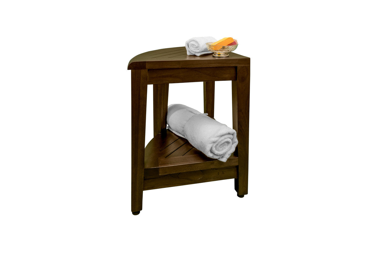 Curvilinear Dark Brown Teak 18" Corner Shower Bench With Shelf-Shower Benches-DECOROLALA