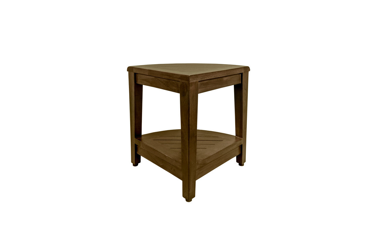 Curvilinear Dark Brown Teak 18" Corner Shower Bench With Shelf-Shower Benches-DECOROLALA