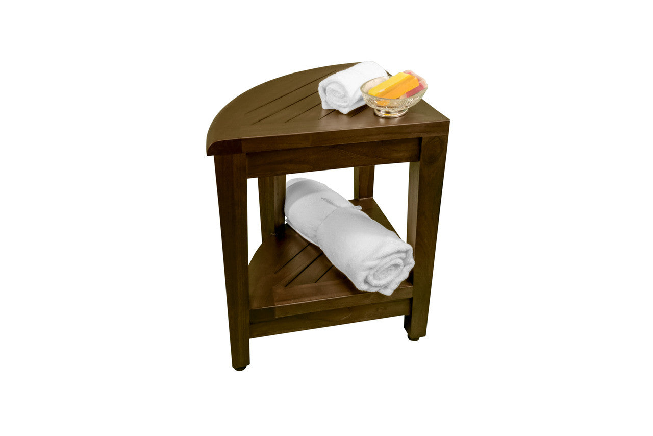 Curvilinear Dark Brown Teak 18" Corner Shower Bench With Shelf-Shower Benches-DECOROLALA