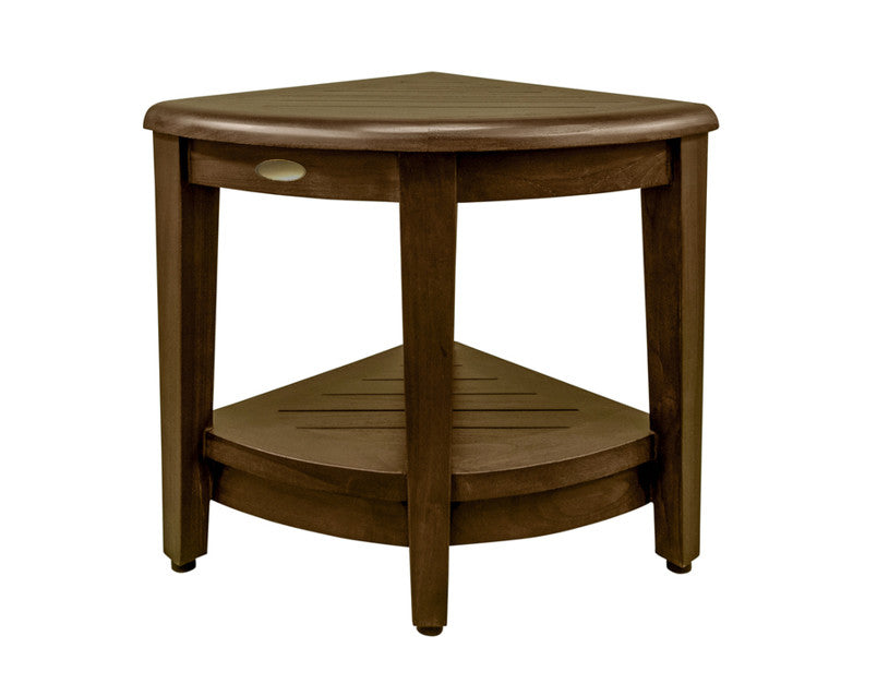 Curvilinear Dark Brown Teak 18" Corner Shower Bench With Shelf-Shower Benches-DECOROLALA