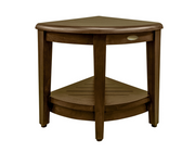 Curvilinear Dark Brown Teak 18" Corner Shower Bench With Shelf-Shower Benches-DECOROLALA