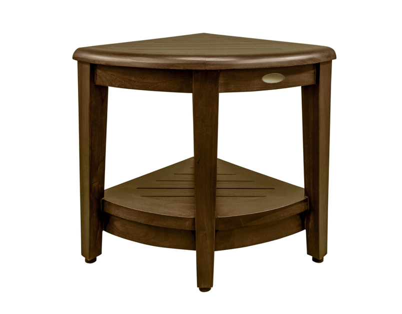 Curvilinear Dark Brown Teak 18" Corner Shower Bench With Shelf-Shower Benches-DECOROLALA