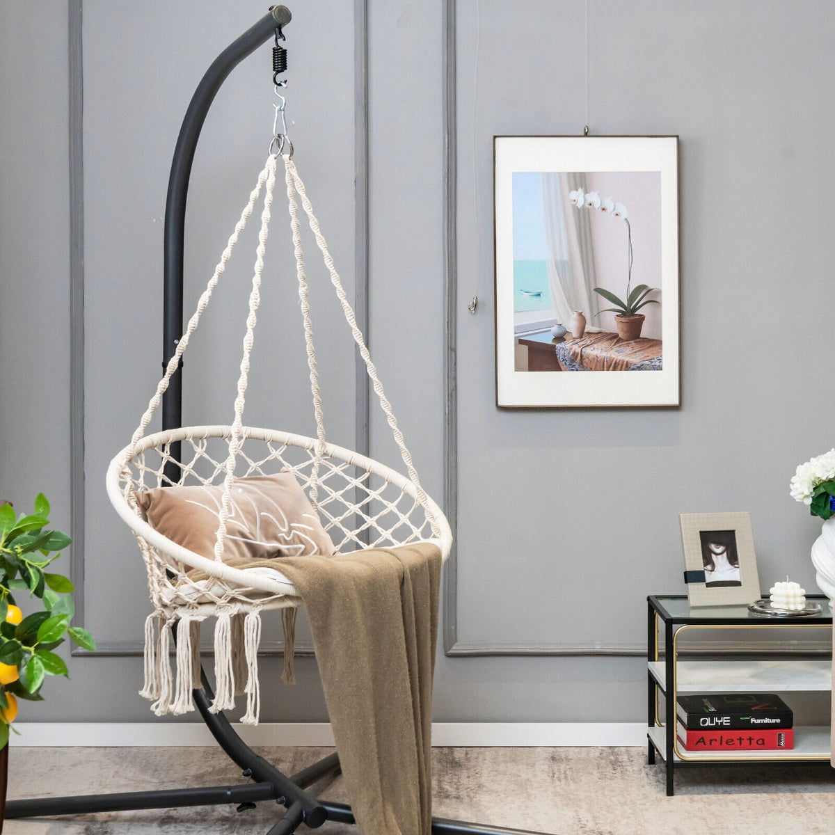Cushioned Hammock Swing Chair with Hanging Kit-Beige-Hammocks-DECOROLALA