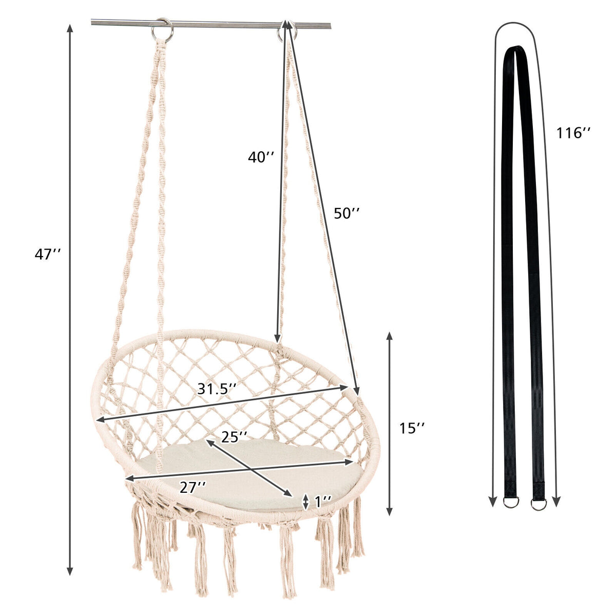 Cushioned Hammock Swing Chair with Hanging Kit-Beige-Hammocks-DECOROLALA