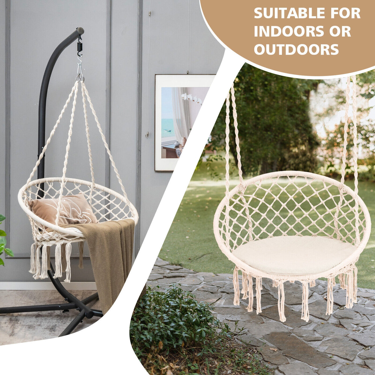 Cushioned Hammock Swing Chair with Hanging Kit-Beige-Hammocks-DECOROLALA