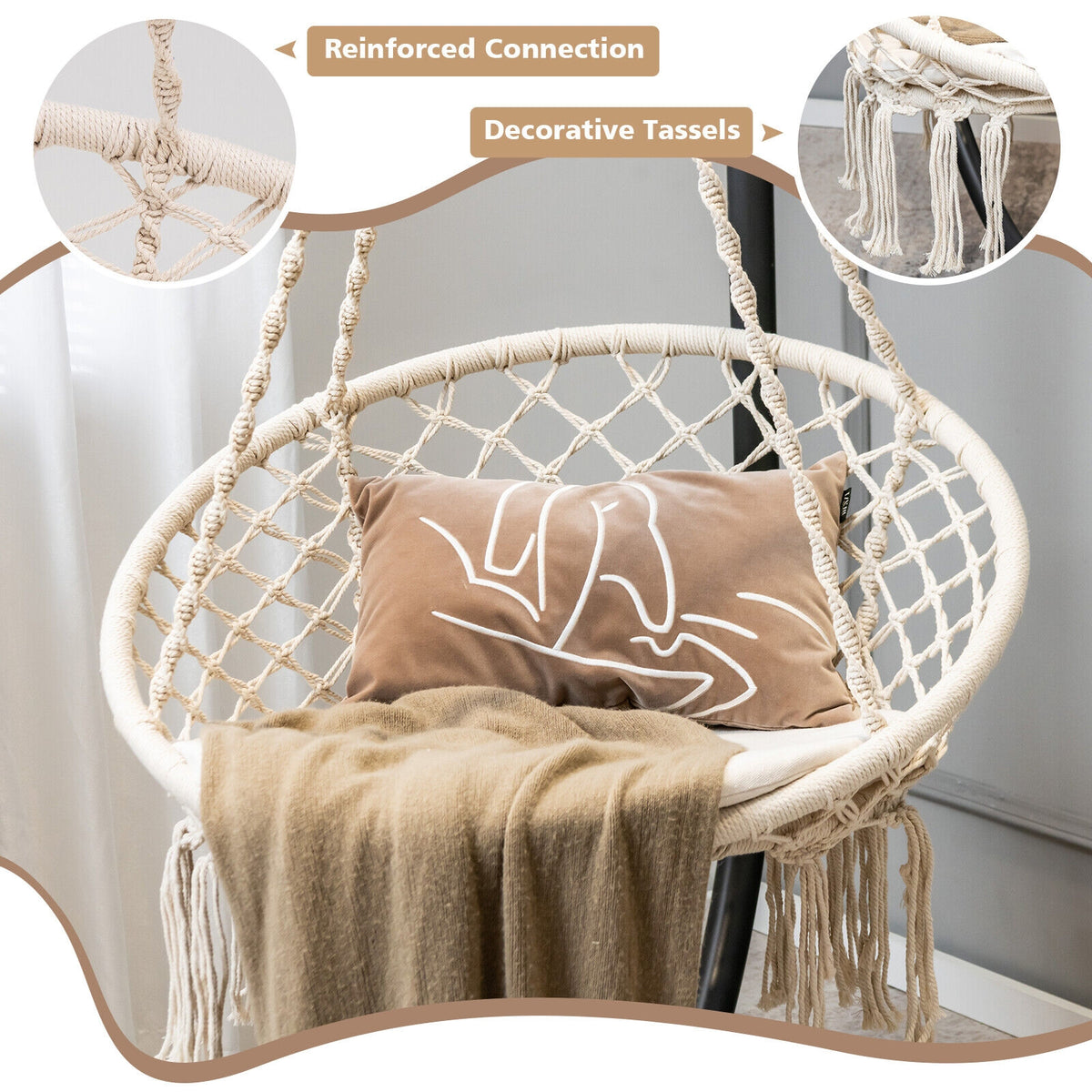 Cushioned Hammock Swing Chair with Hanging Kit-Beige-Hammocks-DECOROLALA