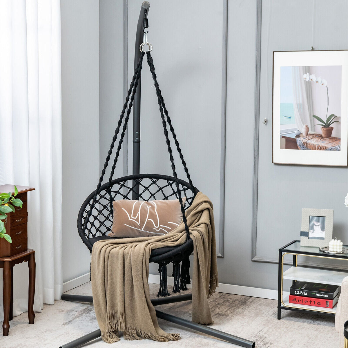 Cushioned Hammock Swing Chair with Hanging Kit-Black-Hammocks-DECOROLALA