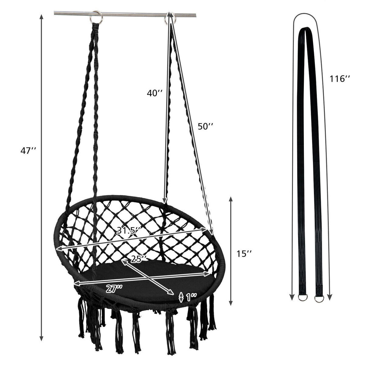 Cushioned Hammock Swing Chair with Hanging Kit-Black-Hammocks-DECOROLALA