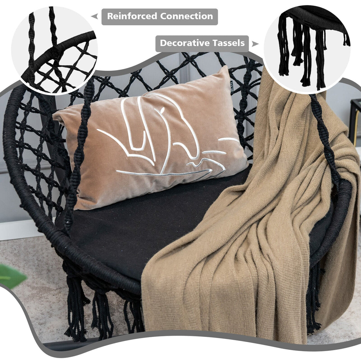 Cushioned Hammock Swing Chair with Hanging Kit-Black-Hammocks-DECOROLALA