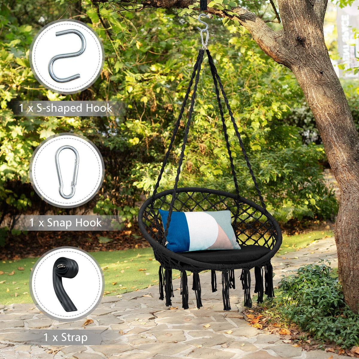 Cushioned Hammock Swing Chair with Hanging Kit-Black-Hammocks-DECOROLALA