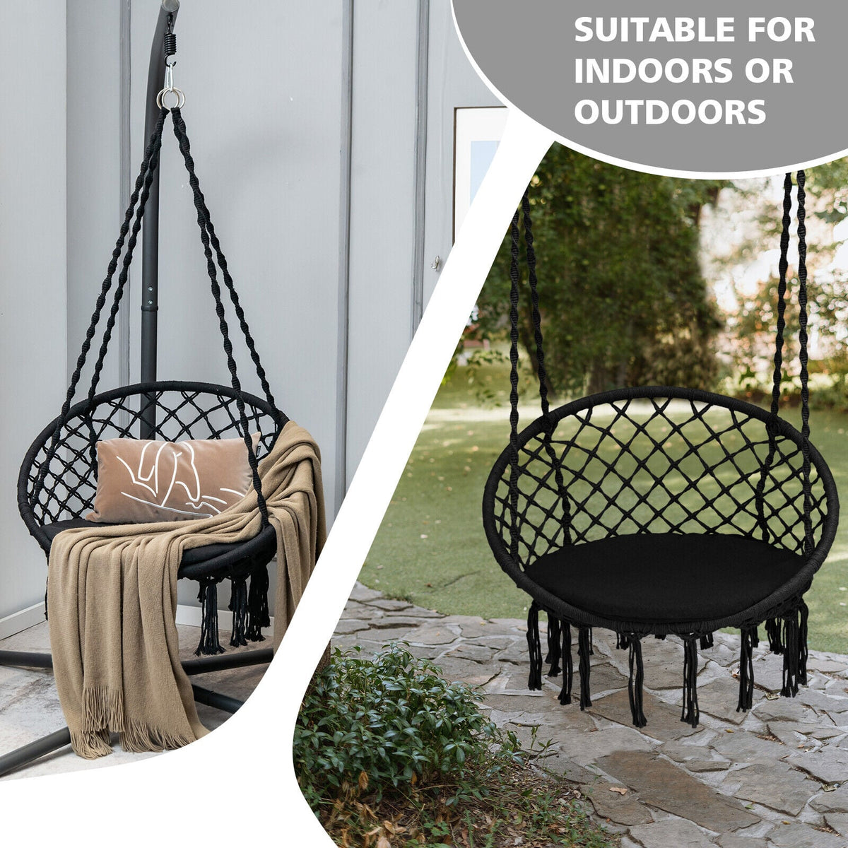 Cushioned Hammock Swing Chair with Hanging Kit-Black-Hammocks-DECOROLALA