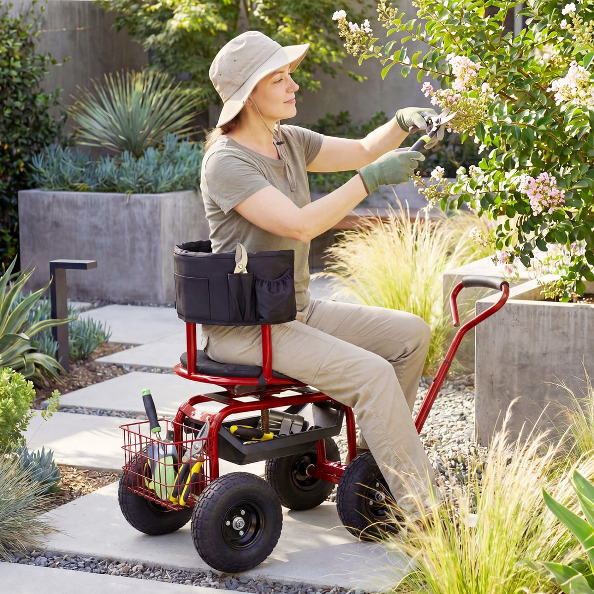 Cushioned Rolling Garden Cart Scooter with Storage Basket and Tool Pouch-Black & Red-Garden Carts-DECOROLALA