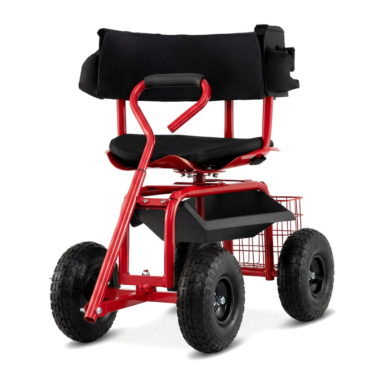 Cushioned Rolling Garden Cart Scooter with Storage Basket and Tool Pouch-Black & Red-Garden Carts-DECOROLALA