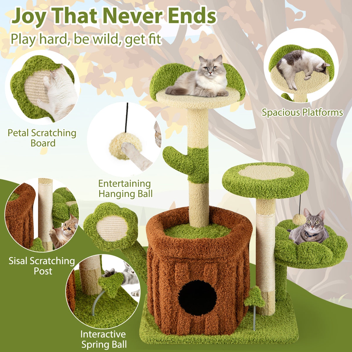 Cute Cat Tree Indoor Pet Jungle Activity Center-Green-Cat Trees & Scratchers-DECOROLALA
