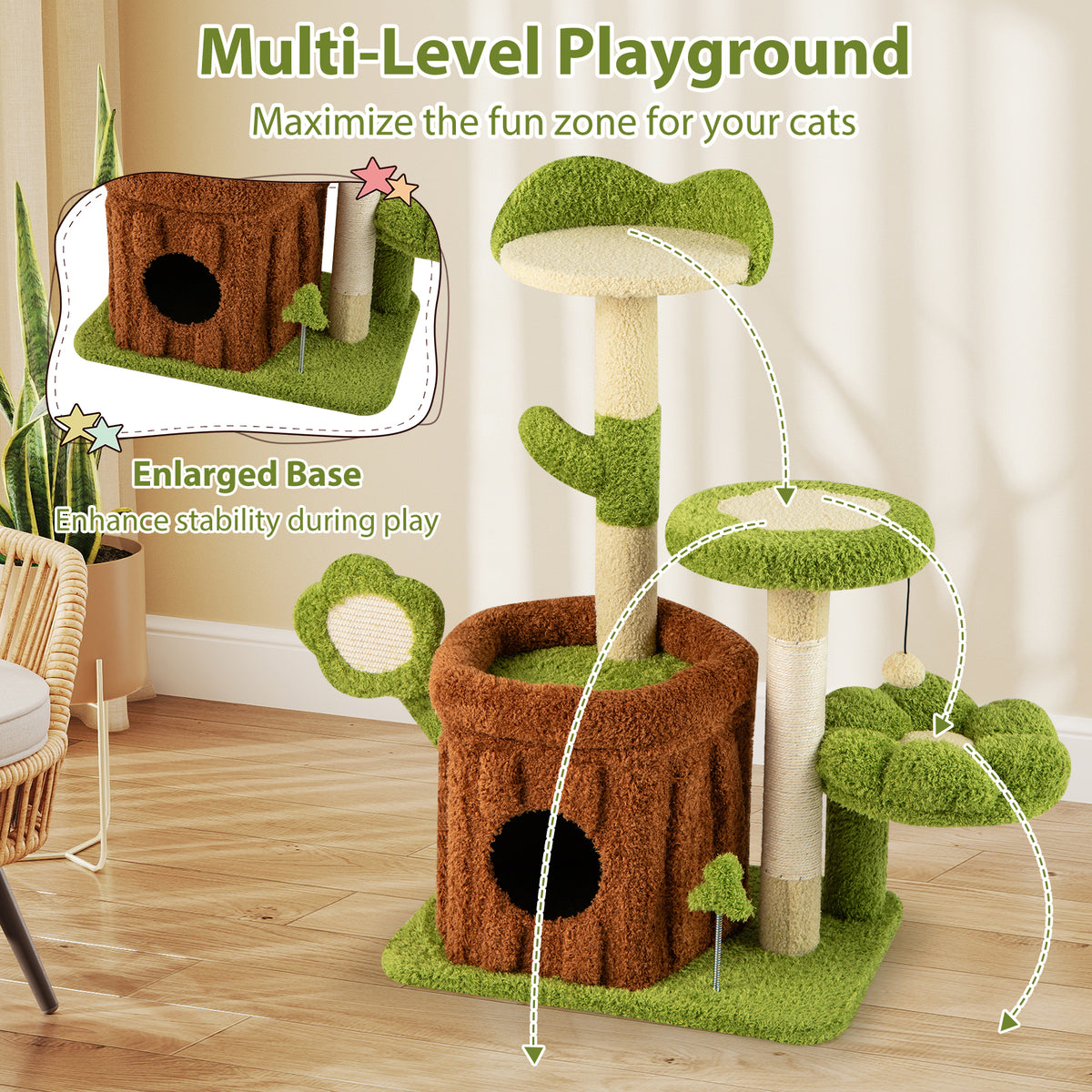 Cute Cat Tree Indoor Pet Jungle Activity Center-Green-Cat Trees & Scratchers-DECOROLALA