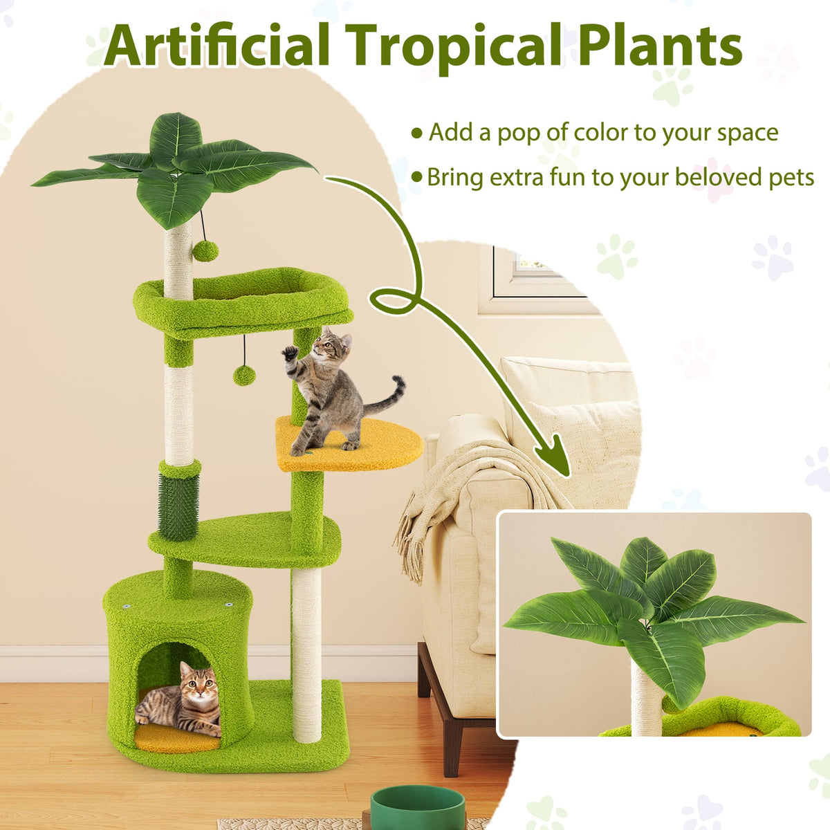 Cute Cat Tree for Adult Cats Multi-level Kitty Tower-Green-Cat Trees & Scratchers-DECOROLALA