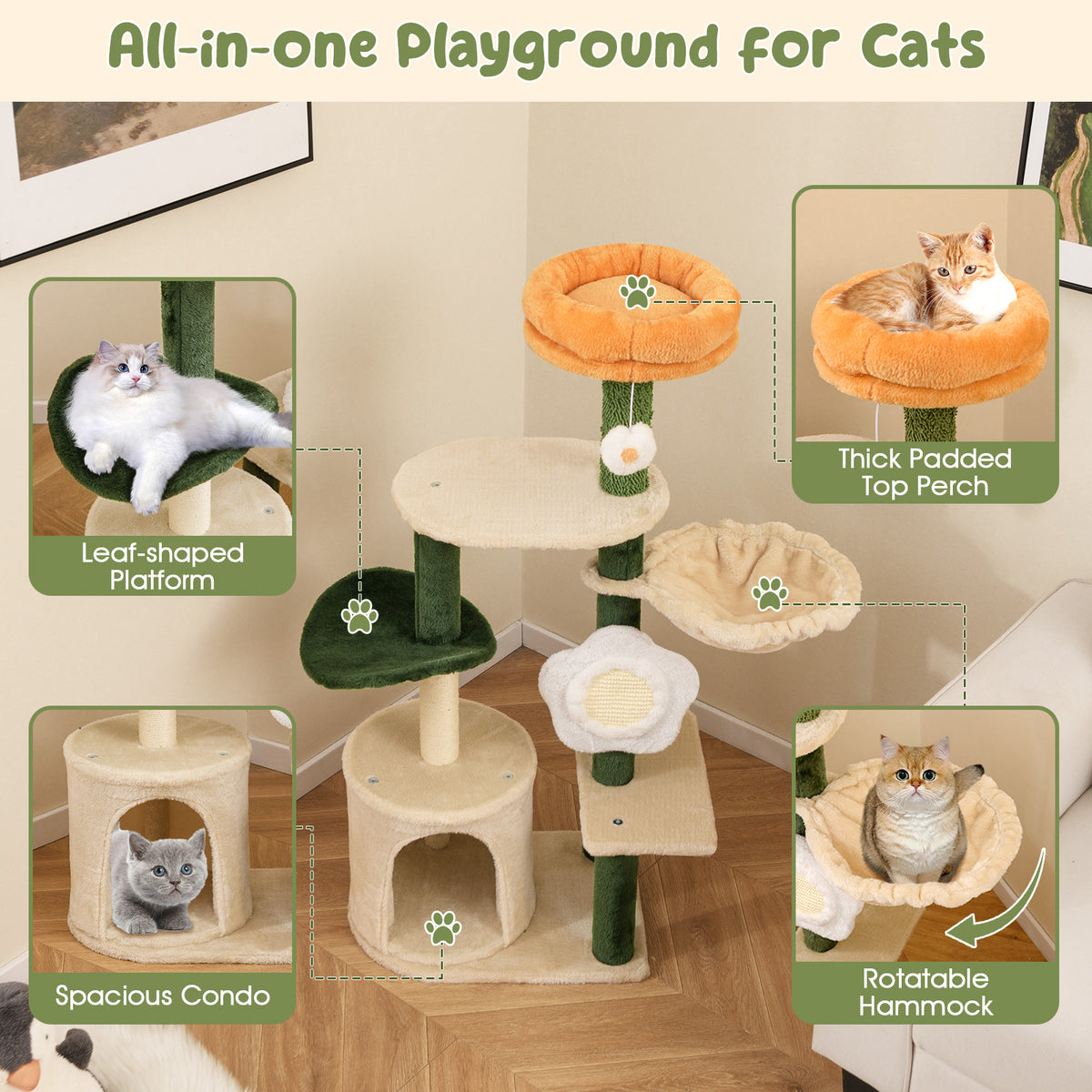 Cute Flower Cat Tree Modern Kitty Tower with Plush Top Perch-Multicolor-Cat Trees & Scratchers-DECOROLALA