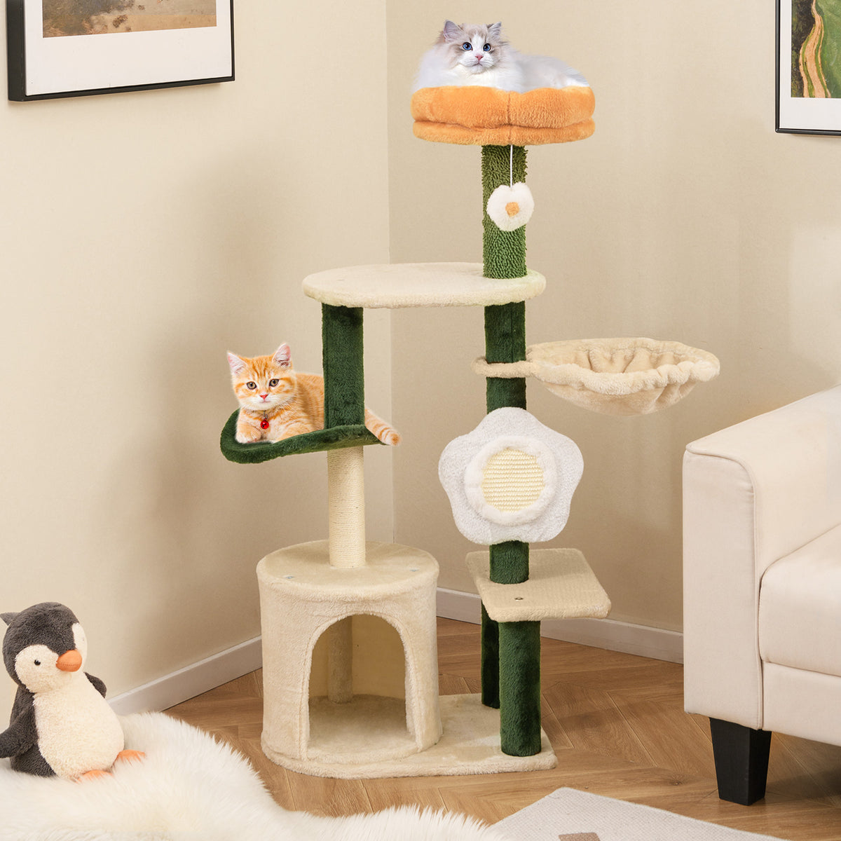 Cute Flower Cat Tree Modern Kitty Tower with Plush Top Perch-Multicolor-Cat Trees & Scratchers-DECOROLALA