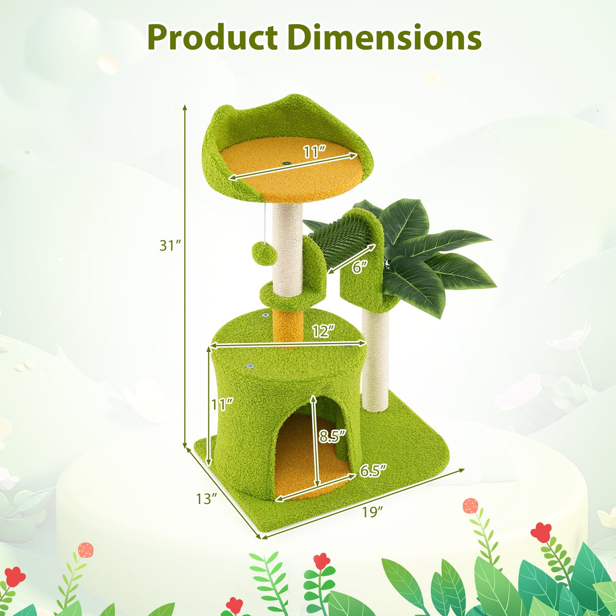 Cute Palm Cat Tree for Indoor Cats with Artificial Leaves-Green-Cat Trees & Scratchers-DECOROLALA