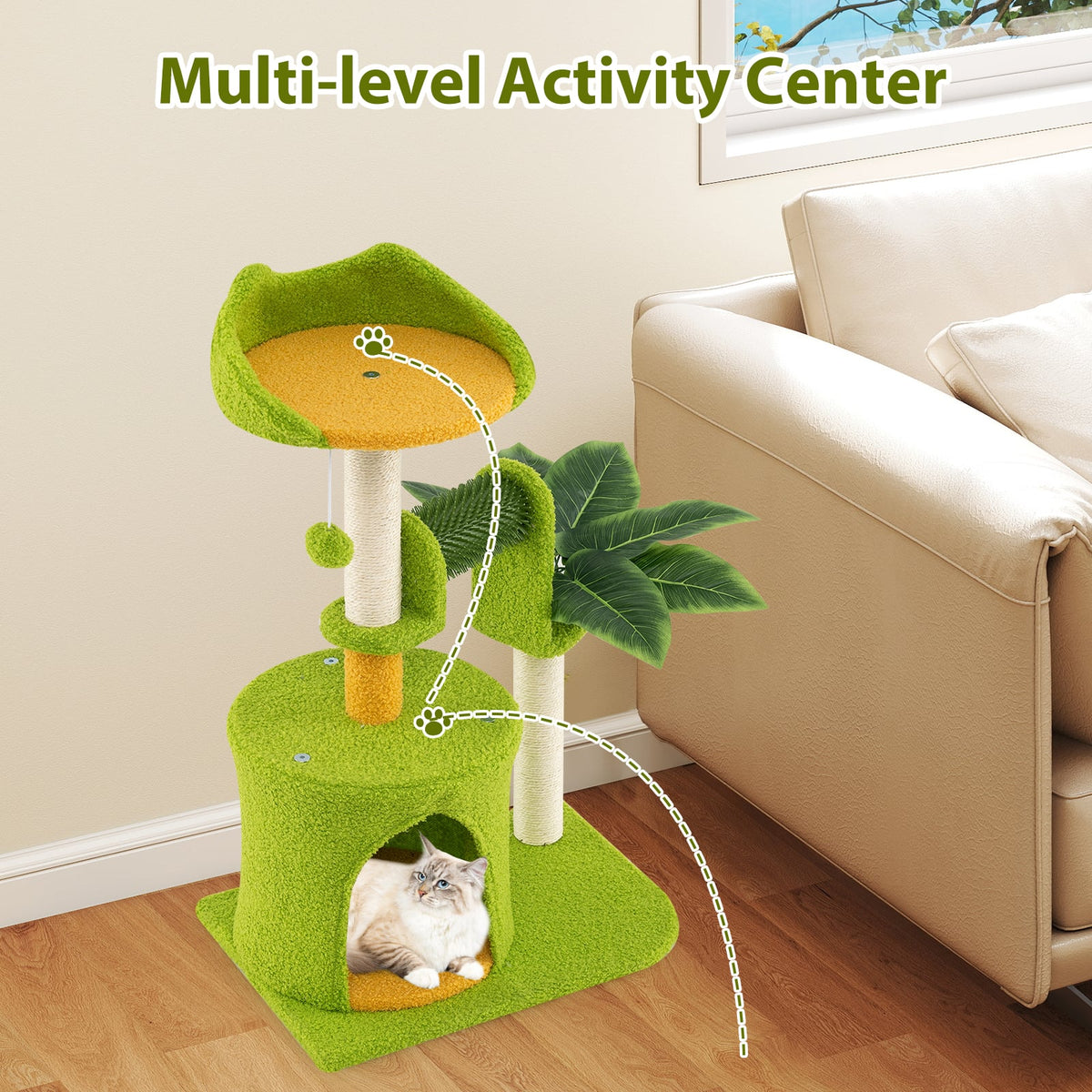 Cute Palm Cat Tree for Indoor Cats with Artificial Leaves-Green-Cat Trees & Scratchers-DECOROLALA