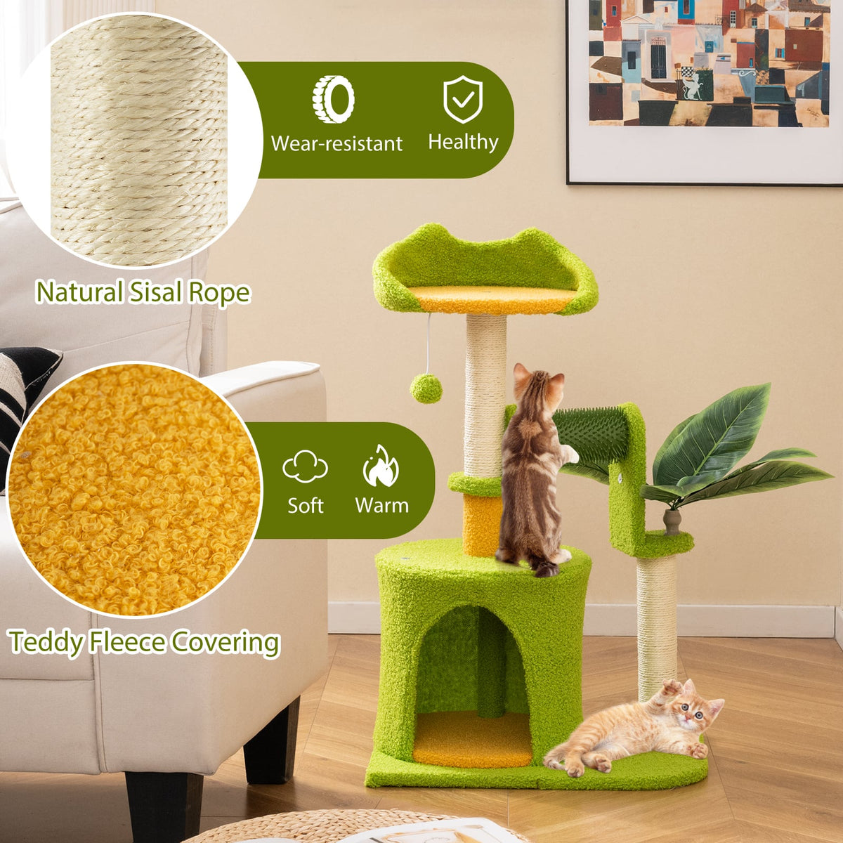 Cute Palm Cat Tree for Indoor Cats with Artificial Leaves-Green-Cat Trees & Scratchers-DECOROLALA