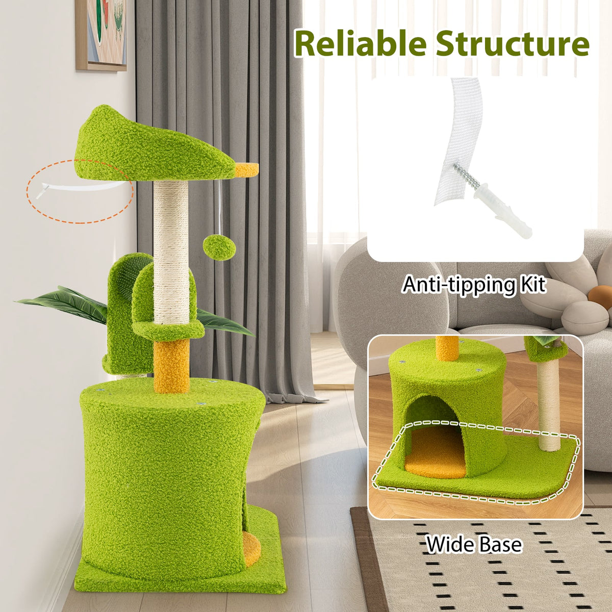 Cute Palm Cat Tree for Indoor Cats with Artificial Leaves-Green-Cat Trees & Scratchers-DECOROLALA