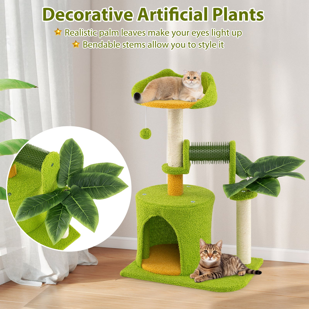 Cute Palm Cat Tree for Indoor Cats with Artificial Leaves-Green-Cat Trees & Scratchers-DECOROLALA