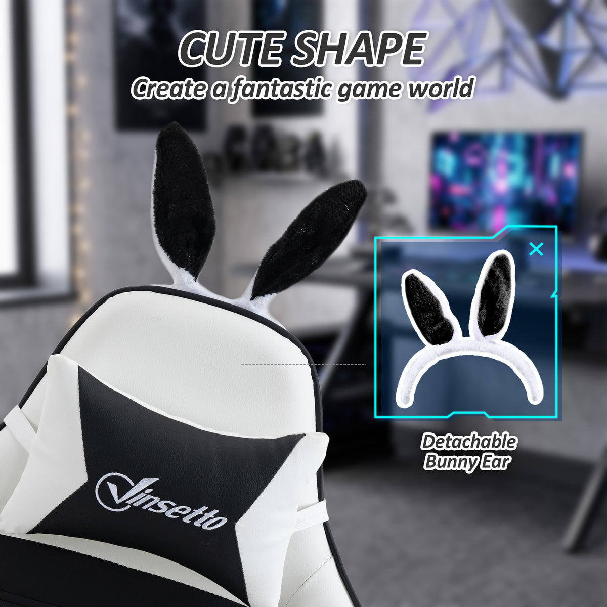Cute Racing Gamer Chair, PU Leather Gaming Chair with Footrest, Headrest and Lumbar Support, Black-Gaming Chairs-DECOROLALA