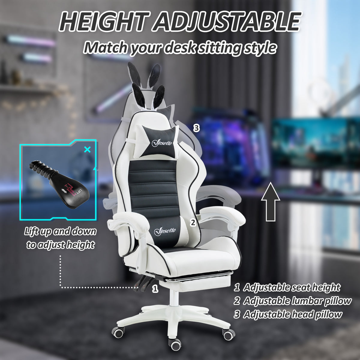 Cute Racing Gamer Chair, PU Leather Gaming Chair with Footrest, Headrest and Lumbar Support, Black-Gaming Chairs-DECOROLALA
