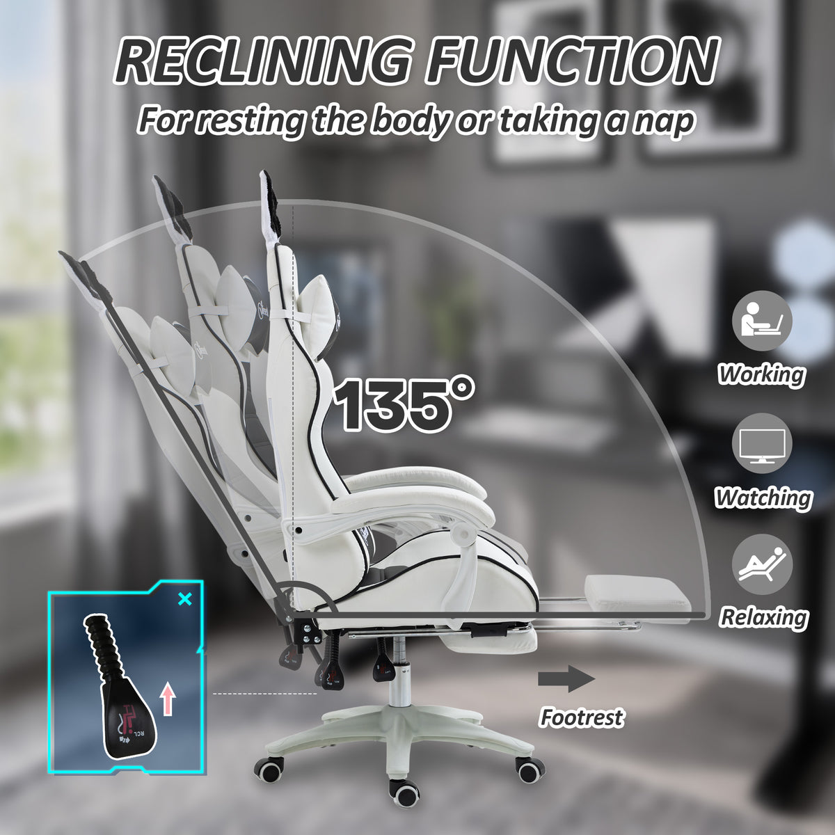 Cute Racing Gamer Chair, PU Leather Gaming Chair with Footrest, Headrest and Lumbar Support, Black-Gaming Chairs-DECOROLALA