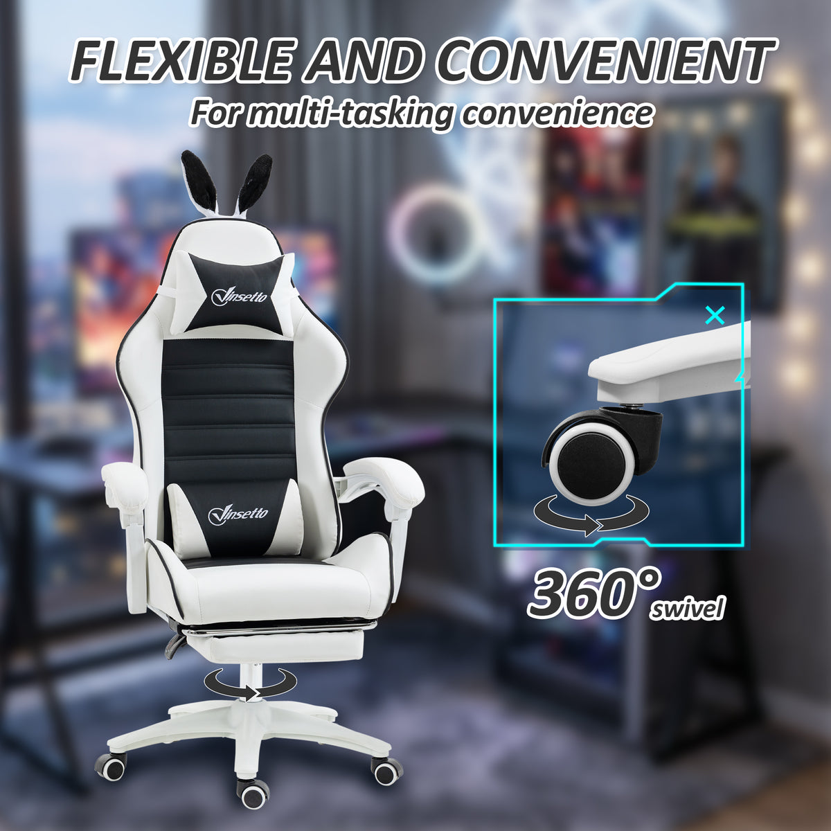 Cute Racing Gamer Chair, PU Leather Gaming Chair with Footrest, Headrest and Lumbar Support, Black-Gaming Chairs-DECOROLALA