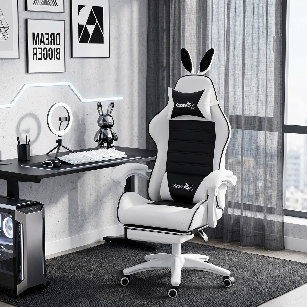 Cute Racing Gamer Chair, PU Leather Gaming Chair with Footrest, Headrest and Lumbar Support, Black-Gaming Chairs-DECOROLALA